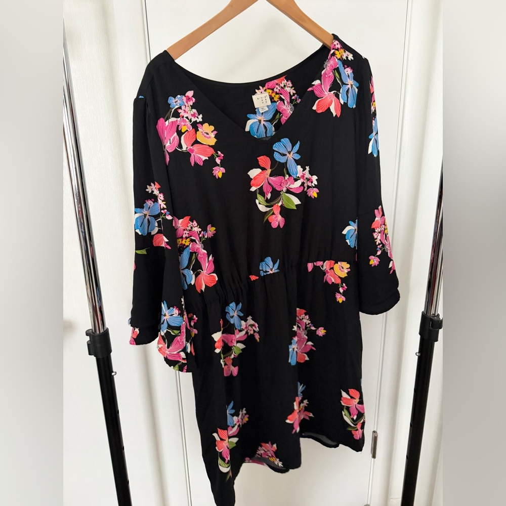 Vibrant Floral Black Midi Dress